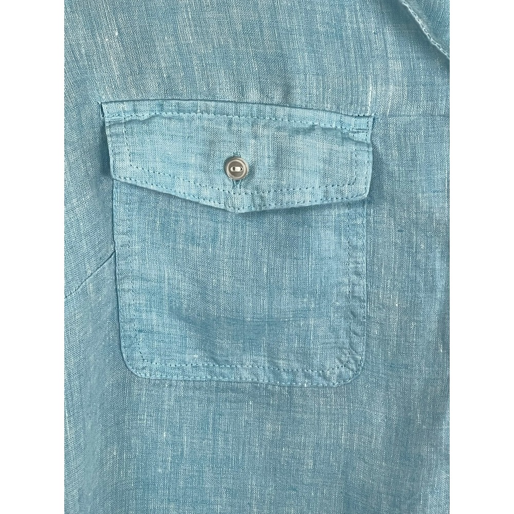 Talbots Womens XLP Blue Linen Roll Tab Sleeve Split Neck Button Tunic Top - Picture 11 of 14